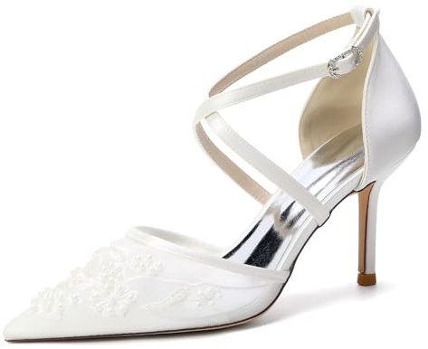 Lace Bridal Pumps with Lace Upper & Beaded Embroidery Pointed Toe Wedding Shoes for Bride,3.35 Stiletto Heels