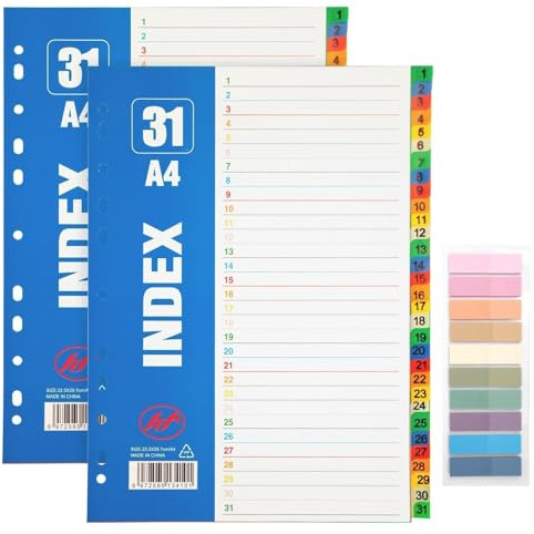 Tuxvealu Lot de 2 Divisores de Archivos A4, Separadores Archivador A4, Número 1-31, Multicolor Separador Archivador con 11 Agujeros, Registros para carpetas, Ideales para Hogar, Oficina y Escuela