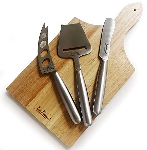 Jean-Patrique Stainless Steel Collection Cheese Knife Set 3 Piece | Traditional Cheese Slicer Bamboo Board