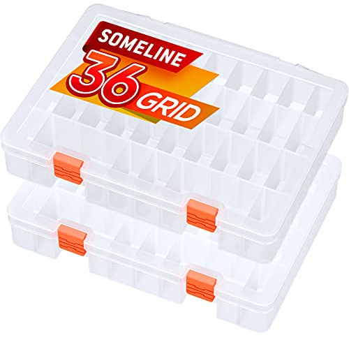 SOMELINE Storage Box Plastic Containers with Adjustable Compartments Removable Dividers Organizer for Jewellery Earrings Accessories Small Compartments Case Holder Boxes 36 Grids (2 Pack)