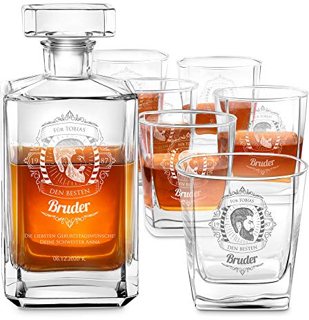 Maverton Whiskey Karaffe + 6er Whiskygläser Set - mit Gravur - Whisky Dekanter - 700ml - Geschenk zum Geburtstag für Männer - Bruder