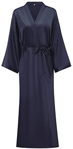 Women's Long Satin Robes Long Silk Robes Kimono Dressing Gowns, Navy, S/M