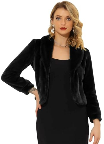 Allegra K Women's Fur Coat Fasion Winter Open Front Cropped Jacket Lapel Long Sleeve Fluffy Faux Fur Coat Medium Black