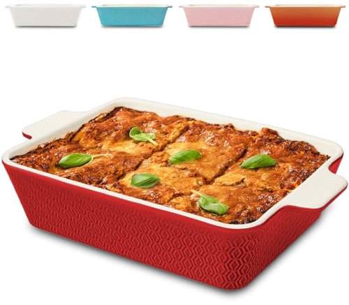 Praknu Auflaufform Groß aus Keramik - Extra Hoher Rand - Für Lasagne, Tiramisu & Auflauf - Eckig - Rot