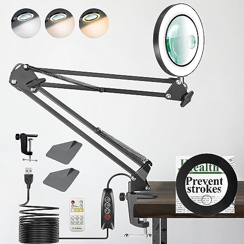 Magnifying Glass with Light,10X 15X 5 Color Mode Stepless Dimmable Lighted Magnifier Clamp Lamp with Remote Control, Adjustable Arm 4.3 Glass Lens LED Magnifying Desk Lamp for Hobbies Reading