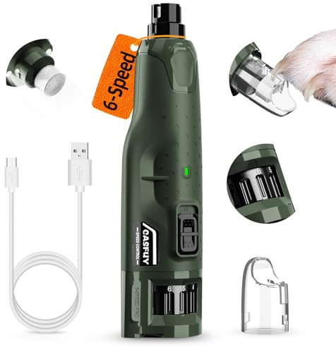 Casfuy Dog Nail Grinder Quiet - (45db) 6-Speed Pet Nail Grinder with 2 LED Lights for Large Medium Small Dogs/Cats, Professional 3 Ports Rechargeable Electric Dog Nail Trimmer with Dust Cap
