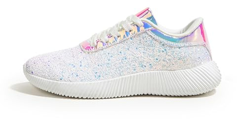 LUCKY STEP dam glittrande löparskor strass sneakers lätta metalliska pailletten-tennisskor, Vit, 37 EU