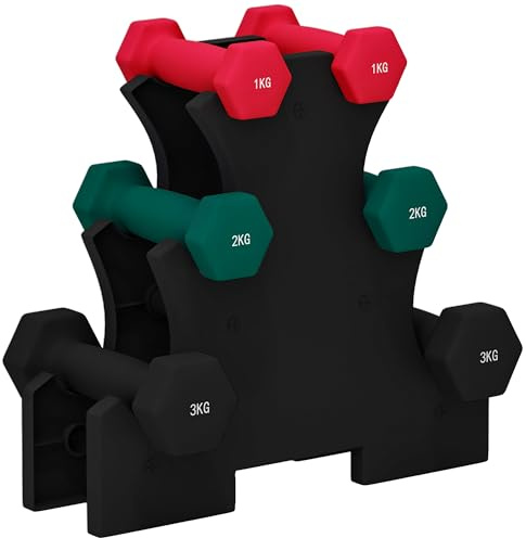 SPORTNOW Ensemble d'haltères hexagonaux courtes total 12 Kg - support d'haltères incluses - pour la musculation, 6 haltères - 2 x 1kg, 2 x 2kg, 2 x 3kg