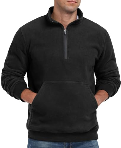 QIXING Sudadera de forro polar para hombre de manga larga con media cremallera sin capucha, sudadera cálida y suave para invierno, Negro , XL