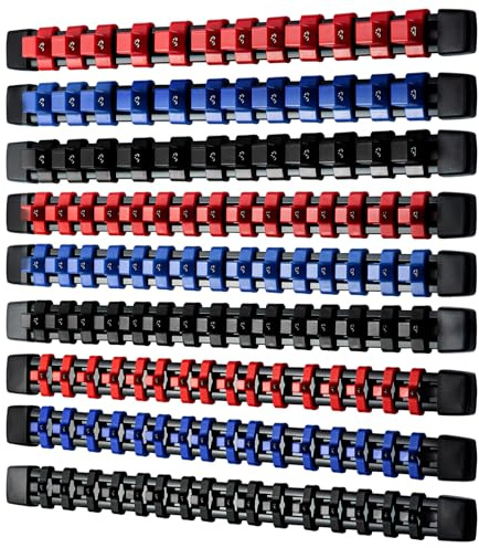 Trintion 9-Piece Socket Organizer Rail System with 1/4, 3/8, 1/2-Inch Holders, Steel Ball Clips Rack (Blue and Red)