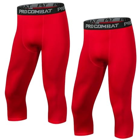 Lot de 2 Leggings de Compression 3/4 pour Homme Sport Séchage Rapide Collant Running Fitness Pantalon Base Layer (Red,M)