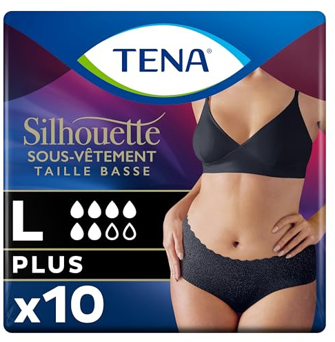 TENA Silhouette Normal Taille Basse - Sous-vêtements Absorbants Jetables Incontinence Femme - Post-accouchement - Pour Fuites Urinaires Modérées à Fortes - Noir - Taille L - 10 Culottes