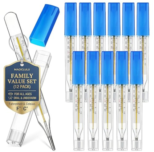 MAGICLULU 12Pcs Glass Oral Temperature for Adults Fever, Dual Scale ℃ & ℉ Traditional Underarm Body Temperature with Case, Precise Measurement for Kids Babies Elderly Home Family Clinics