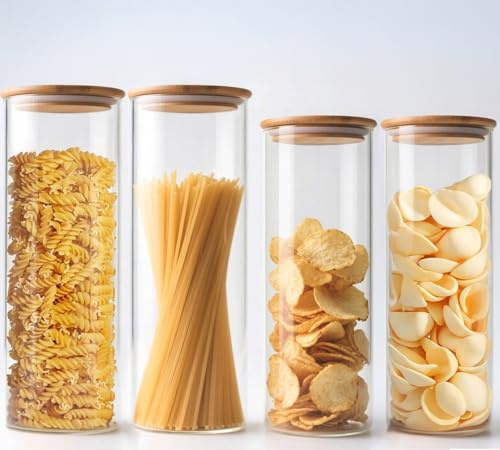 HomeyHoney Förvaringsburkar med Lock Lufttäta, Förvaringsglas Set | Runt förvaringsglas med bambulock kök, borosilikatglas, godisglas för kex, spaghetti, socker, (1,1 + 1,9 l) x 2 4