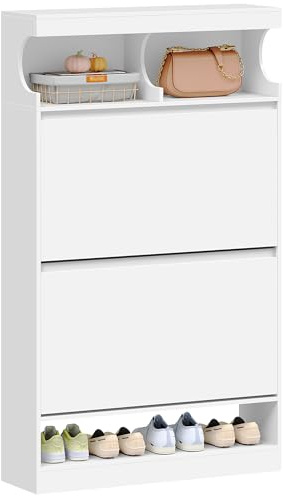 Hzuaneri Schuhschrank, Schuhaufbewahrung, Holz Schuhkipper, Schuhregal, Offenes Fach, Trennwand Verstellbar, 16-20 Paar, Große Kapazität für Flur, Garderobe, 2 Klappen (80B cm), Weiß SR63203X
