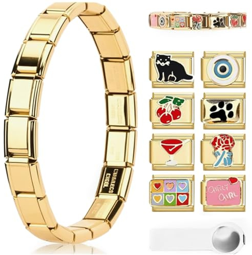 SCBOY 10PCS Pulsera Italiana Charms Dorado Módulos Desmontables DIY Para Pulseras De 9 mm Italian Charm Bracelet Set con Herramienta De Apertura Y Pulsera（B）