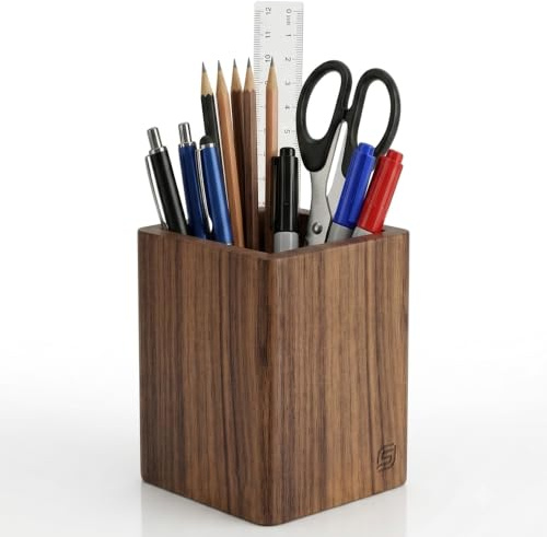 STOWIC Walnut Wood Pen Pot, Square Wooden Pencil Holder for Desk, Pen Cup Organiser for Office and Home Studies