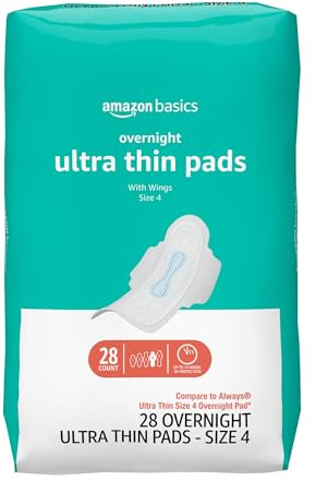 Amazon Basics Overnight Heavy Absorbency Feminine Pads for Women, Ultra Thin with Flexi-Wings, Unscented, Size 4, 28 Count, 1 Pack