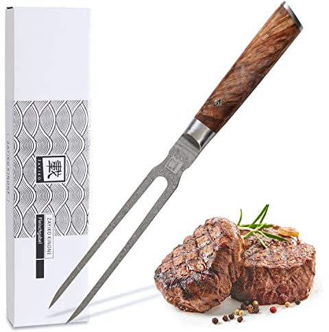 zayiko Kinone Damast Tranchiergabel - 18 cm, 67 Lagen echter schwarzer Damaststahl, Birkenwurzelholzgriff, Multifunktional als Fleischgabel, Serviergabel und Grillgabel