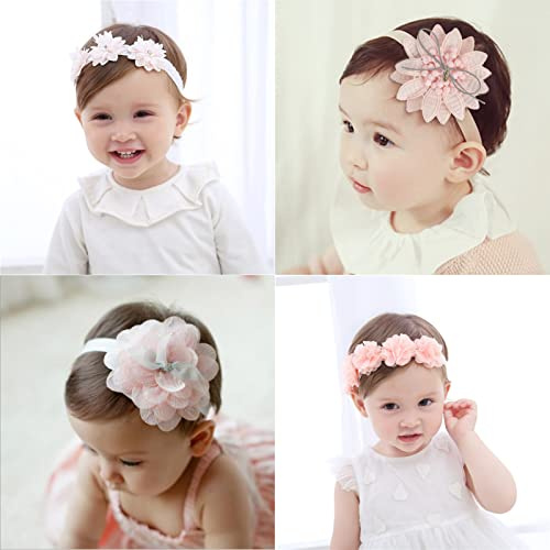 AINIUNIU 4 Pezzi Fasce Bambina Neonata, Elastica Fascette Per Floreale, Fascia Per Turbante, Regalo Per Bambini Per Foto, Bambina fasce per capelli, Accessori per Bambina Neonata 1-3 Anni