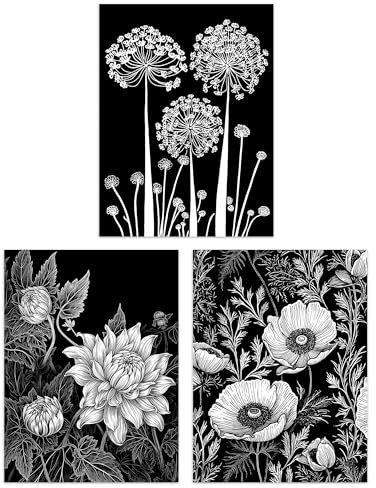 Artery8 Set of 3 Elegant Single Allium Anemone and Dahlia Flowers Floral Black White Striking Impact Artwork Unframed Wall Art Living Room Poster Prints Pack