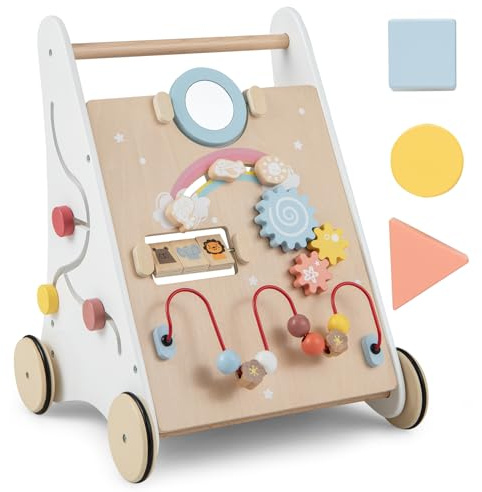DREAMADE Chariot de Marche en Bois Bébé 1+Ans,7 en 1 Trotteur Multi-Activités Tout-petits avec Boîte de Rangement&3 Blocs&1 Miroir Réversible,Marcheur d'Apprentissage pour Garçons Filles