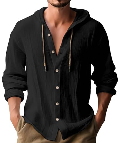 Camisa De Lino para Hombre con Capucha de Manga Larga con Bolsillo Cómoda Camisas con Cierre De Botón De Ocio Shirts Color Sólido Verano Camisa Camisa Hawaiana