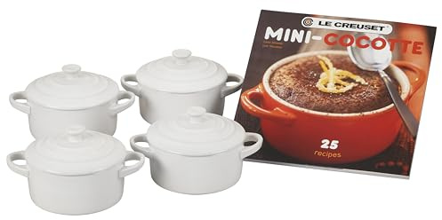 Le Creuset Set of 4 Mini Stoneware Casserole Dishes with Cookbook 8oz White