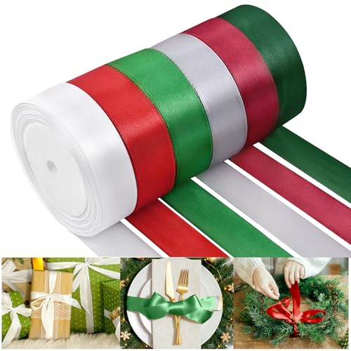 NACHLYNN Cinta de satén arcoíris de 150 yardas, cinta ancha de tela de poliéster para envolver regalos, boda, novia, baby shower, lazos, decoración, ramo de flores, manualidades (rojo, verde y blanco