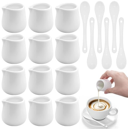 Mispudin 12 Pcs Small Milk Jug, 45ml Mini Ceramic Milk Jug White with 6 Spoons, Handle-Free Small Gravy Jugs for Serving Creamer, Custard, Sauce, Cafes, Tea - Dishwasher & Microwave Safe