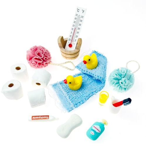 17 Stück Miniatur Wichtel Zubehör Baden Set, Miniatur Puppenhaus Zubehör für Wichteltür Weihnachten Puppenhaus Deko mit Mini Zahnpasta Zahnbürste Badeschwamm Ente Klopapier Rollen