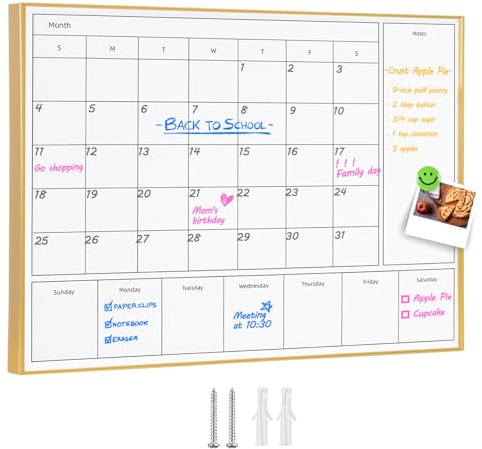 Aitakatta Calendario 3 in 1 cancellabile a secco da parete con cornice in alluminio dorato, 43,2 x 33 cm, calendario magnetico mensile e settimanale, lavagna bianca cancellabile a secco per