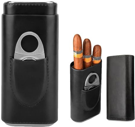 Zigarrenetui für 3 Zigarren，Zigarren Humidore, Leder Zigarrenetui, Leder Zigarren Etuis mit Zigarrenschneider aus Edelstahl,Tragbarer Humidor Zigarren | für Reise Kurztrips(Schwarz)