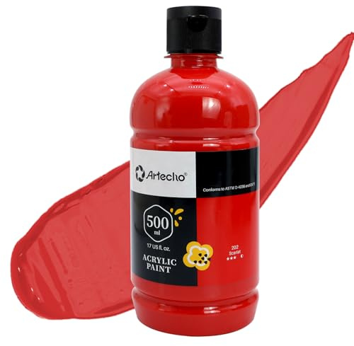 Artecho Acrylfarbe Scharlachrot 500 ml, Wasserfest und Lichtecht, Schnell Trocknend, Acrylfarbe für Leinwand, Holz, Stoff, Handwerk, Leder und Stein.