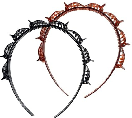 Lot de 2 serre-têtes à double frange avec 8 petites pinces, outils de tressage double couche pour cheveux bouclés, épais, accessoires pour cheveux, noir et marron rougeâtre