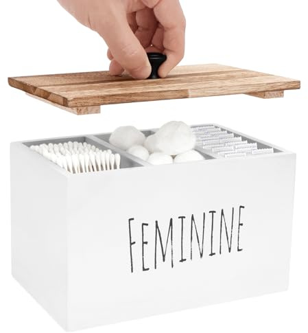 SUPPUIMNT Contenitore per tamponi in legno, supporto per tamponi da bagno, 3 scomparti con coperchio, accessori versatili, organizer per articoli igienici, prodotti da donna, camera da letto