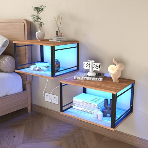 Ztexkee 2er Set Hängender Nachttisch 40x30x22.5cm Nachtschrank Wandmontage mit RGB LED Lichtleiste Schwebende Nachtkommode, für Schlafzimmer, Wohnzimmer, Braun