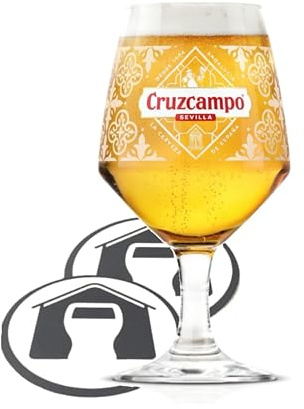 GarageBar | Cruzcampo Beer Glass | Pint Stemmed Chalice Beer Glass | Official Merchandise | Comes with 2X Beer Drip Mats (1 Glass)