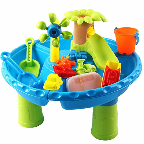 Kids Sand and Water Table, Sensory Activity Table with Bucket, Shovel, Water Wheel and Moulds, Outdoor Beach Garden Water Play Table for Toddlers and Children