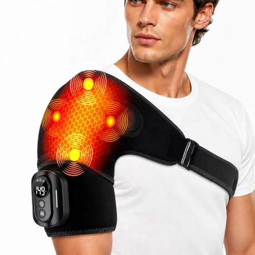 Triple Method axelmassageapparat med värme och vibrationer, 5 värmenivåer och 5 lägen, 5 000 mAh, magnetisk separation, justerbar, andningsaktiv – testvinnare axelmassageapparat (svart)