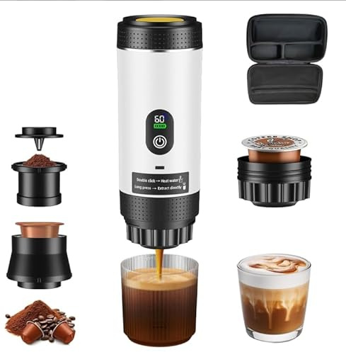 Trsaow Cafetera Portátil 20 BAR, Batería 7500mAh USB-C, 3 en 1 para Nespresso/Dolce Gusto/Café Molido, Pantalla Inteligente, Compacta para Viaje, Oficina, Camping, Blanco