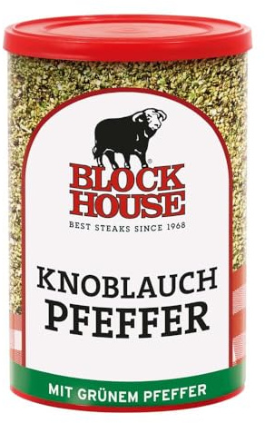 Block House Knoblauch Pfeffer, Gewürzmischung für Fleisch, Fisch und Gemüse in Restaurantqualität, 200g Dose mit Streuaufsatz