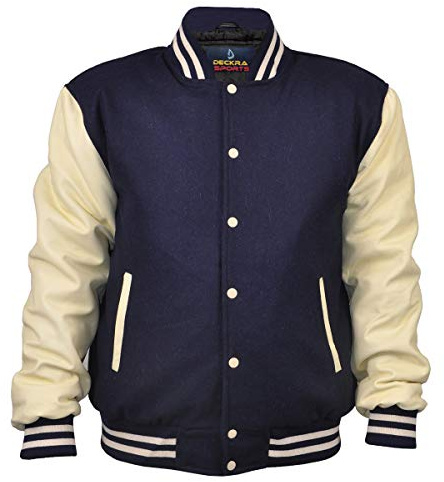 Deckra Men's Varsity Jacket Genuine Leather Sleeve and Wool Blend Letterman Boys College Varsity Jackets XS-5XL