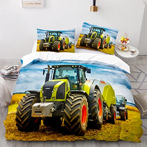 Traktor Bettbezug Set 135x200 Mähdrescher Bauernhof Mechanisch Kinder Bettwäsche 3D Druck Bettwäsche Set 3 Teilig Komfortabel weich Bettbezüge Bettbezug 2 Kissenbezug 80x80cm mit Reißverschluss