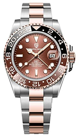 Pagani Design GMT Herren 40 mm Automatikuhr Saphirglas Edelstahl 100 Wasserbeständigkeit Analoguhr Mechanische Herrenuhren Geschenkuhr für Herren(Goldfarben)