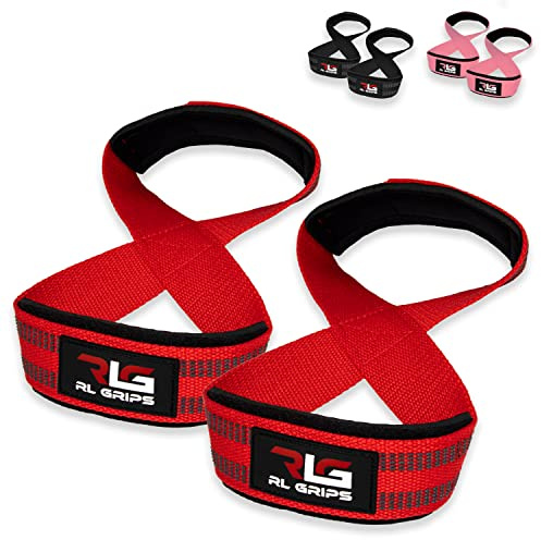 RL Grips® Sangles 8 Gym pour Levée de Poids et Powerlifting Professionnel Rembourrées - Sangles de Prise en Forme de 8 pour Gym et Fitness, Soulevé de Terre et Musculatio (Rouge)