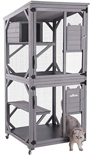Wooden Cat House Outdoor and Indoor Run Large Cat Enclosure on Wheels 70.9 Upgraded Version Catio Cage with Reinforcement Wooden Strip,Waterproof Roof (Medium, Type-1)