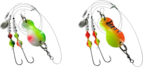 blntackle76 Set 2 Stück Buttlöffel von Jenzi Plattfisch Blinker montiert 80 Gramm grün/weiß/rot & 100 Gramm grün/rot/Tiger Glitzer + gratis Petri Heil! Aufkleber