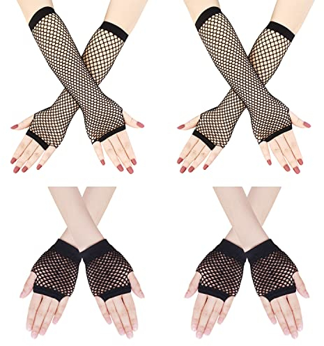 YUE QIN 4 Paare Lang und Kurz Fingerlose Fischnetz Handschuhe Schwarz - Netz Mesh für Damen, Abendhandschuhe für 80er Jahre Verkleidung Kostüm Party Lieferungen