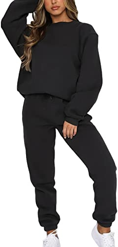 amropi Survêtement Femme Ensemble doublée de Fourrure Sweat à Pullover et Pantalon Jogging (Noir,M)